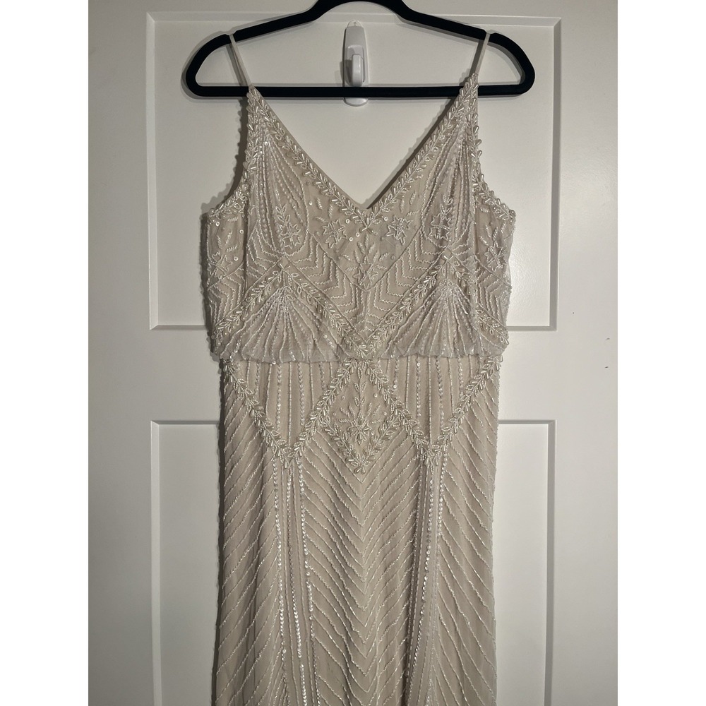 Adrianna Papell Art Deco Beaded Blouson Gown Dress Taupe Size 8 Formal